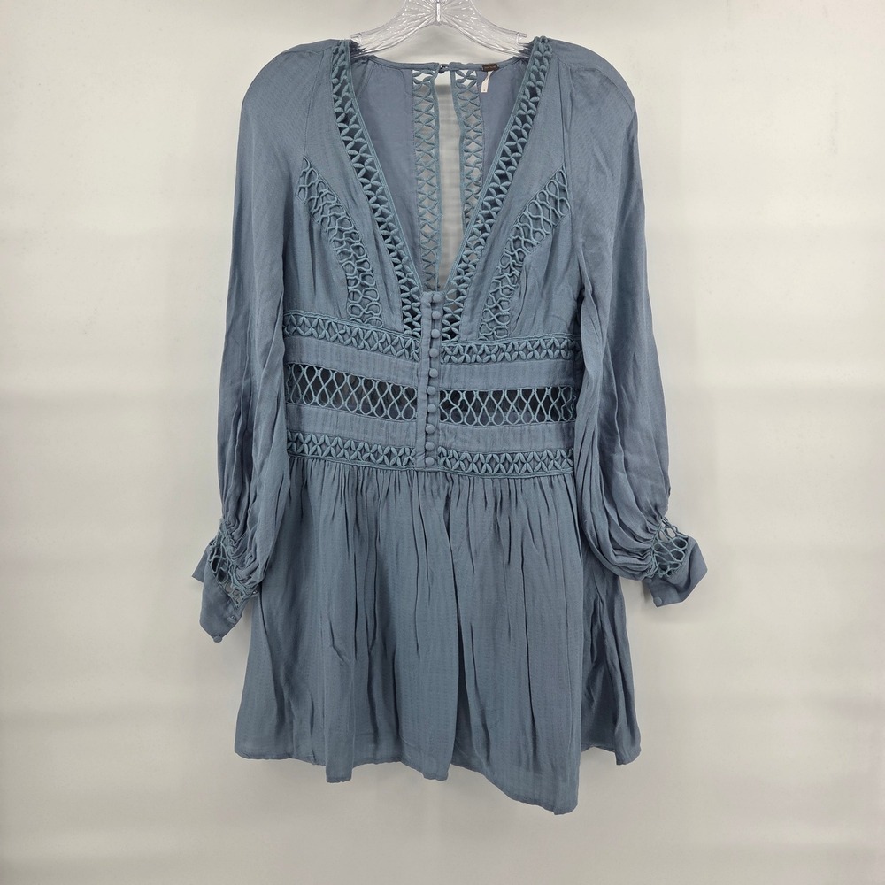 Free People Dusty Blue Crochet-Trim Mini Dress